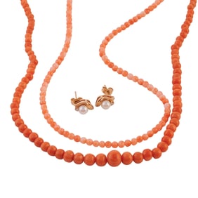 *Collection of Three Coral, Cultured Pearl, Diamond, Gold Jewelry Items
