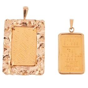 Two Credit Suisse Ingot, 14k Yellow Gold Pendants