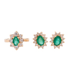 Emerald, Diamond, 14k Yellow Gold Jewelry Suite