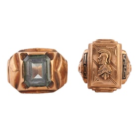 Two Men's Green Glass, Enamel, 10k Gold Rings