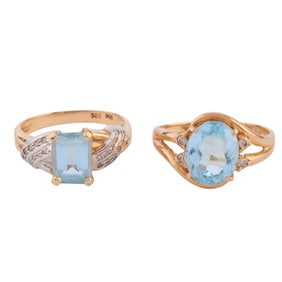 Two Blue Topaz, Diamond, 14k Yellow Gold Rings