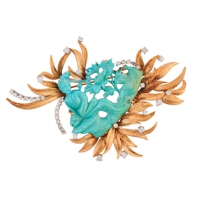 Chinese Turquoise, Diamond, 18k Yellow Gold Spray Brooch