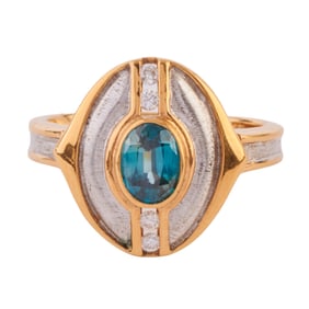 Blue Zircon, Diamond, 14k Gold Ring