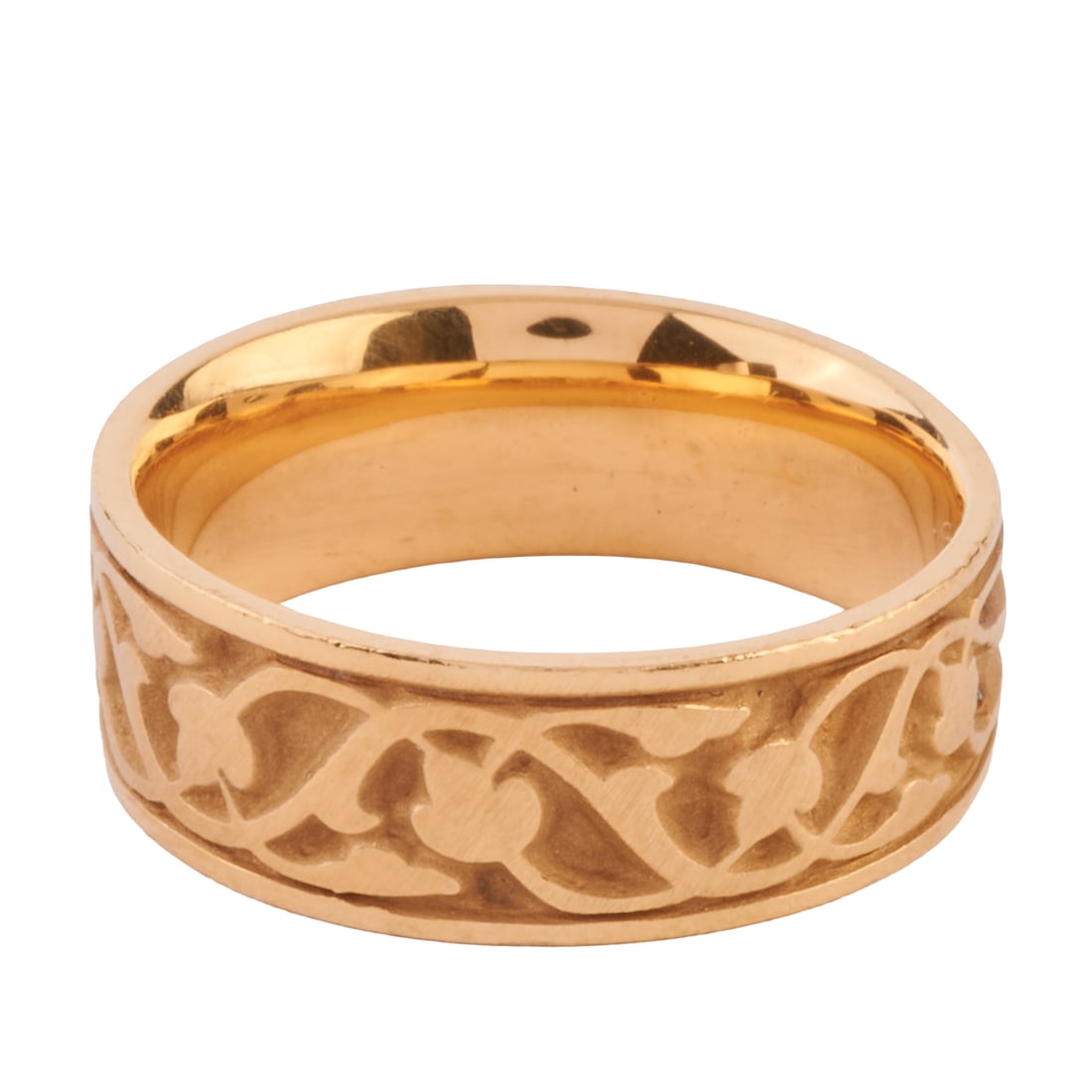 18k Yellow Gold Ring: 18k Yellow Gold Ring. The 18k yellow gold engraved scrolling floral motif ring measuring approximately 7.5 mm in width. {Size: 8 1/4, Gross Weight: 6.2 dwts}