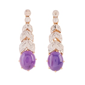 Pair of Amethyst, Diamond, 18k Yellow Gold Earrings
