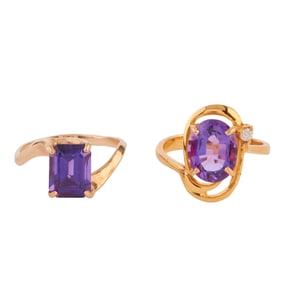 Two Amethyst, Colorless Stone, 14k Yellow Gold Rings