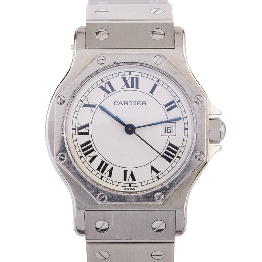 Cartier Santos Stainless Steel Wristwatch: Cartier Santos Stainless Steel Wristwatch. DIAL: Round, white, black Roman numeral hour markers, black outer minutes track, date aperture at 3 o'clock, blued center sweep seconds hand, blued baton han