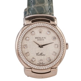 Ladies Rolex Cellini Diamond, 18k White Gold, Leather Wristwatch
