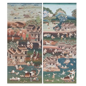Two Large Framed Thai Gouache Paintings