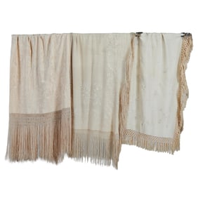 Three Chinese Embroidered Off-White Silk Shawls