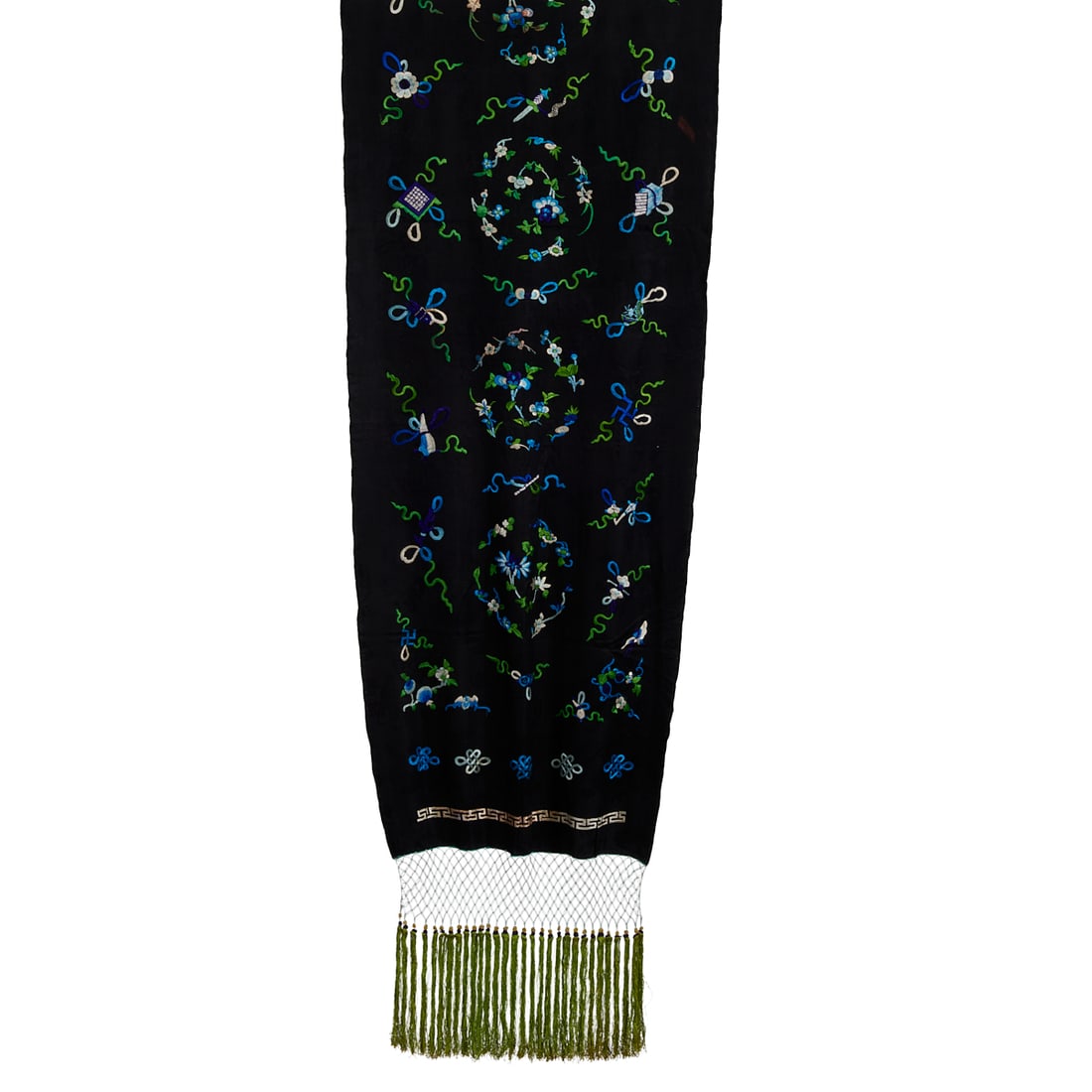 Chinese Embroidered Black Silk Brocade Scarf: Chinese Embroidered Black Silk Brocade Scarf.; Black on black floral brocade, embroidered with polychrome flowers and lucky symbols.;;Circa 1910.; {Approximate dimensions:; 76 long x 19 1/2 wide.}.