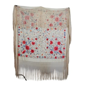 Chinese Embroidered White Silk Shawl