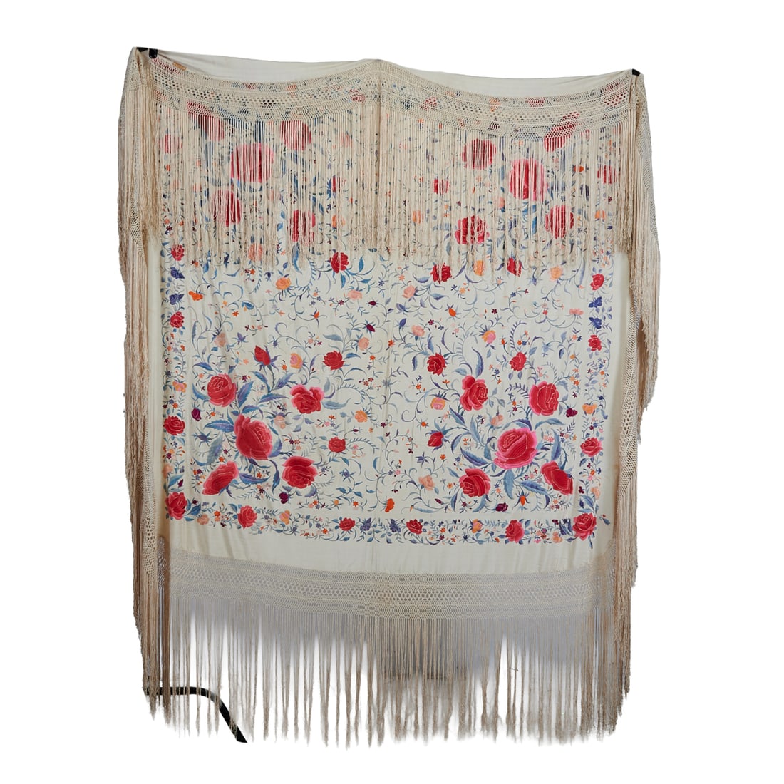 Chinese Embroidered White Silk Shawl (1 of 3)