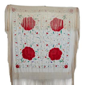 Chinese Embroidered White Silk Shawl