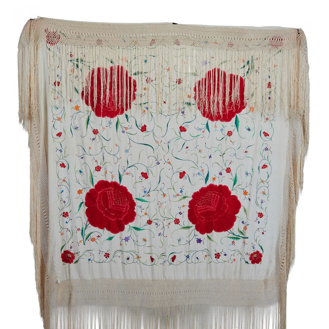 Chinese Embroidered White Silk Shawl (1 of 4)