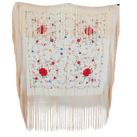 Chinese Embroidered White Silk Shawl