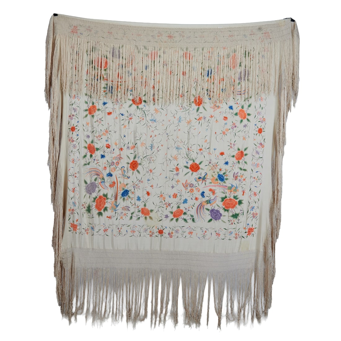 Chinese Embroidered Silk Shawl with Pheasants and Peonies: Chinese Embroidered Silk Shawl with Pheasants and Peonies.; Polychrome floral and animal motif on white silk, openwork edge with long fringe.; {Approximate dimensions not including fringe:; 75 square}