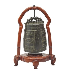 Chinese Bronze Bell on Wooden Base