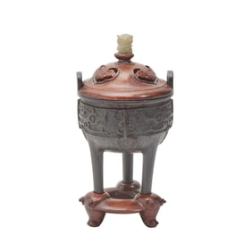 Chinese Bronze and Mixed Metal Incense Burner with Handle and Base