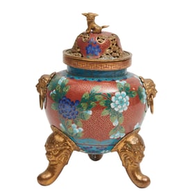 Chinese Cloisonne Incense Burner with Foo Dog Motifs