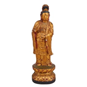 Large Chinese Lacquered and Gilt Wood Standing Guanyin Figure