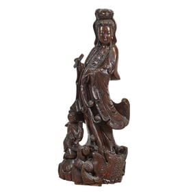 Large Carved Wood Standing Guanyin Figure