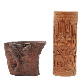 Group of Two Chinese Bamboo and Wooden Carved Brush Pots