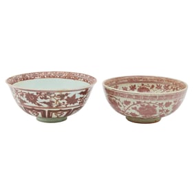 Two Chinese Copper Red and White Porcelain 'Lotus' Bowls