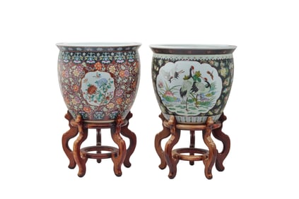 Two Large Chinese Porcelain Fish Bowls with Stands