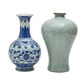 Two Chinese Porcelain Vases: Blue and White, Crackle Glazed Vase.