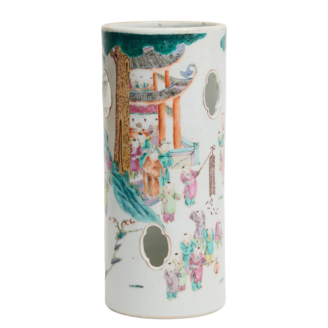 Chinese Wucai Porcelain Cylindrical Hat Vase: Chinese Wucai Porcelain Cylindrical Hat Vase, {height 11 inches}.