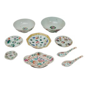 Lot of Chinese Painted Porcelain Plate, Bowls and Spoons