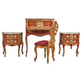 Venetian Rococo Style Furniture Suite: Desk, Chair and Pair of End Tables