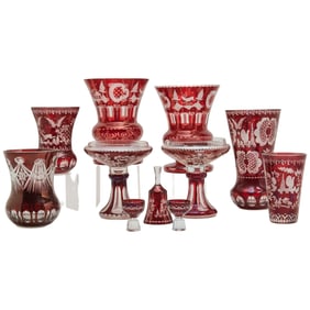 Collection of Bohemian Ruby to Clear Cut Glass Vases and Drinking Vessels