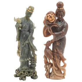 Two Chinese Hardstone Figures with Diamond, Gold, Pearl, Turquoise Decorations