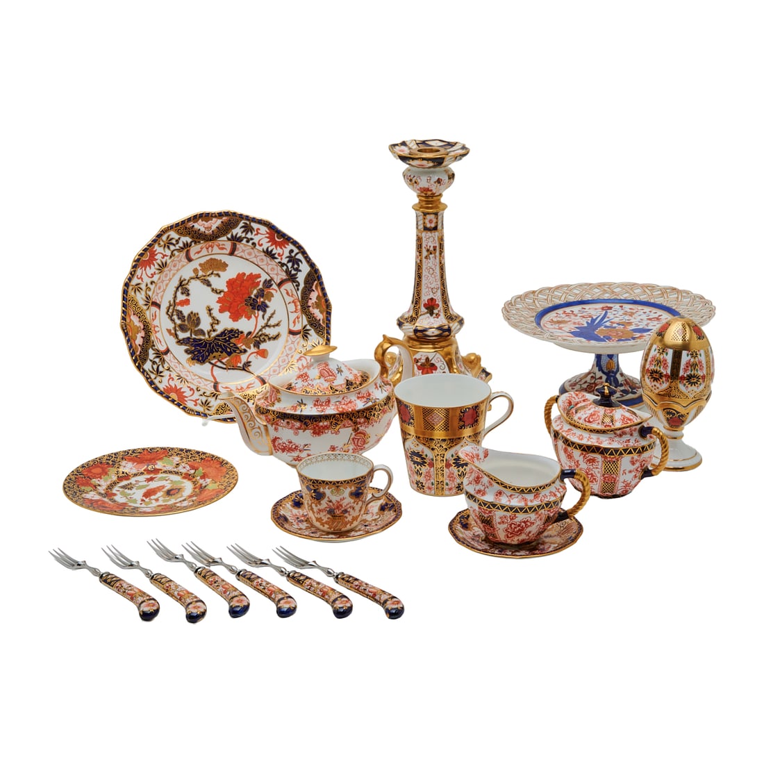 Royal Crown Derby China Imari Tableware in Assorted Kings and Imari Patterns: Royal Crown Derby China Imari Tableware in Assorted Kings and Imari Patterns,comprising:serving dish, pedestal cake plate, 4 bread and butter plates,tea pot with cover, cream pitcher, sugar bowl and c