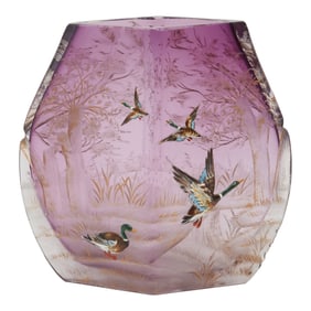 Moser Attributed Cut Glass Vase with Ducks