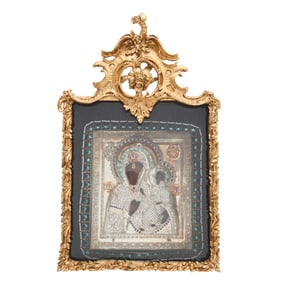 Eastern Orthodox Oklad Icon in Rococo Giltwood Shadowbox Frame