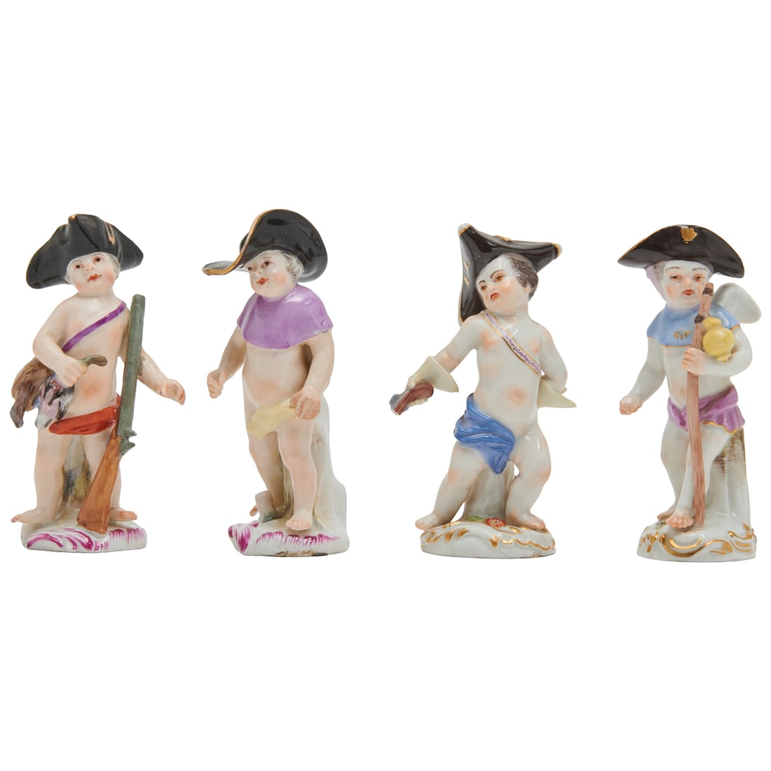 Four Meissen Porcelain Figures of Boy Puttos At Play: Four Meissen Porcelain Figures of Boy Puttos At Play, each with decorative robe, under tricorne hat, and with game birds and rifle; pistol, walking stick and lantern, this one a winged putto. Circa 19