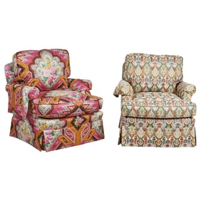 Two Lounge Armchairs, with Schumacher and Manuel Canovas Upholstery