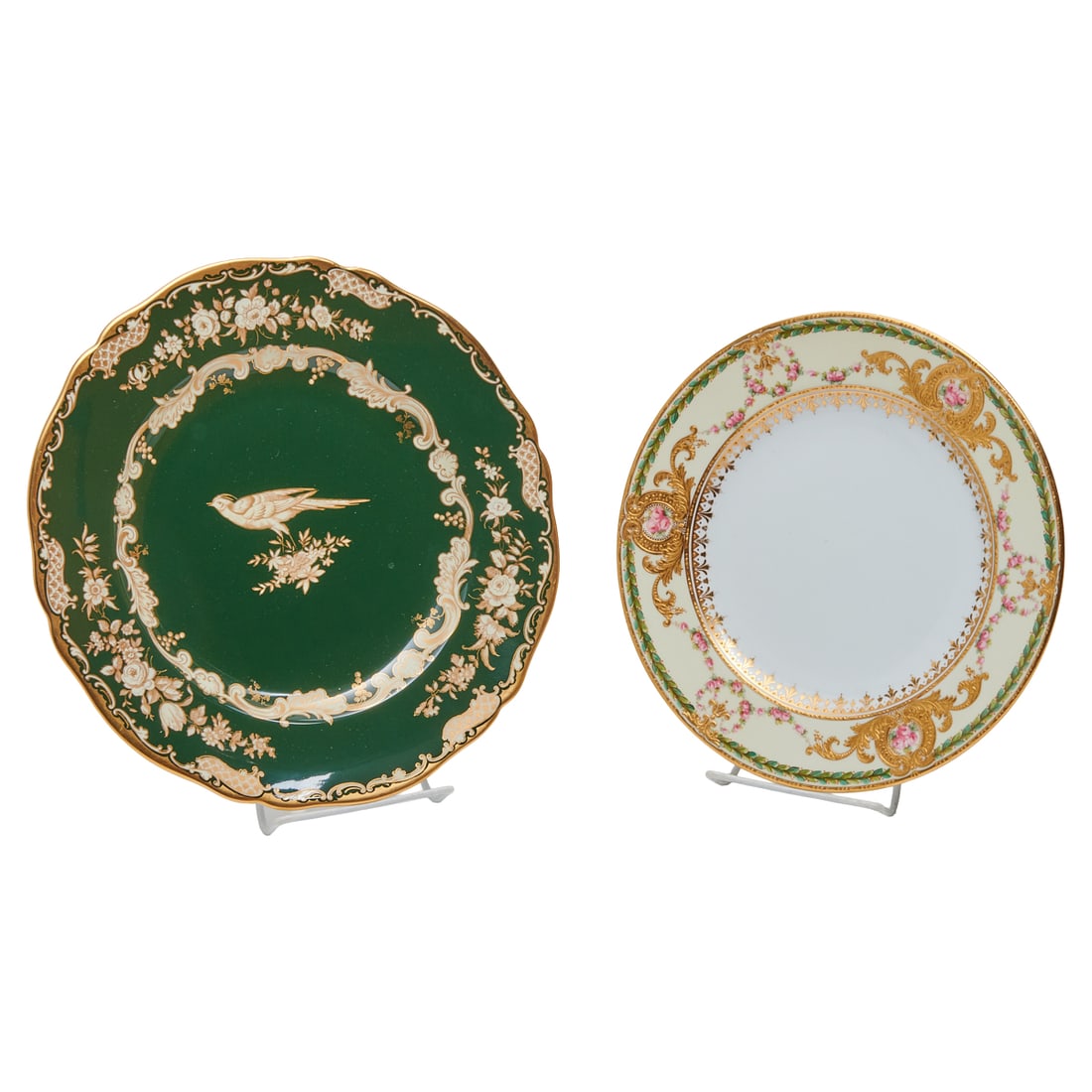 Two Spode China Plate Sets: Two Spode China Plate Sets. Comprising fourteen dinner plates, each with scalloped borders and green ground faces with gilt rims, floral cartoches in offset gold to shoulders, centering a gilt pheasan