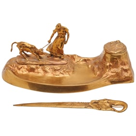 Continental Gilt Brass Inkwell and A Letter Opener