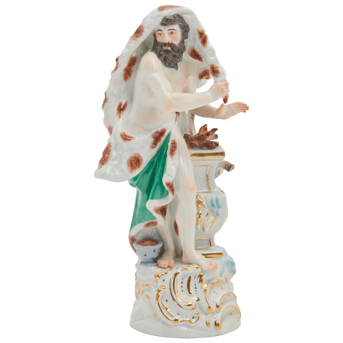 Meissen Porcelain Figure Allegorical of Winter: Meissen Porcelain Figure Allegorical of Winter, modelled as old man winter standing near a fire on a baluster form column, nude but for his fur wrap, and with a brazier of coals near his feet, on a lo