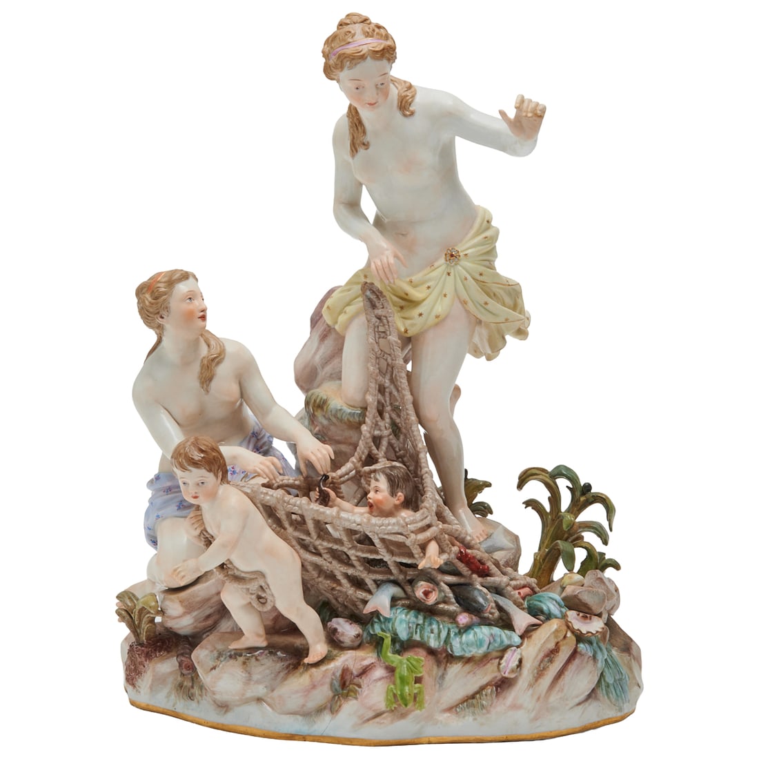 Meissen Porcelain Allegorical Figure of Amphitrite Capturing The Tritons: Meissen Porcelain Allegorical Figure of Amphitrite Capturing The Tritons. The nude figure of Amphitrite, with a seatednaiad, and a standing putto holding a large net in which is entraped fish, seafood