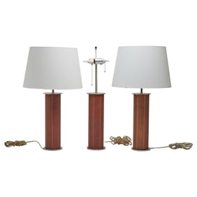 Three Contemporary Leather Wrapped Chrome Table Lamps