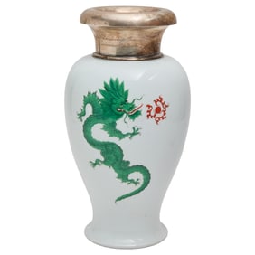 Meissen Porcelain Green Dragon Vase with Inscribed 800 Silver Neck