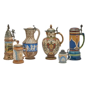 Six Stoneware Steins with Pewter Mounts