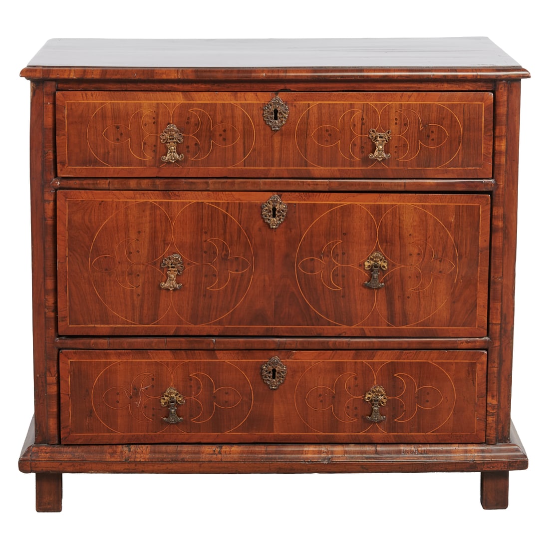 Georgian Style Walnut Oyster Veneer Inlaid Chest of Drawers: Georgian Style Walnut Oyster Veneer Inlaid Chest of Drawers, stepped top overcast above cased three long drawers with gilt metal escutcheons and pulls. Marquetry inlay to top and drawer fronts.{Approx
