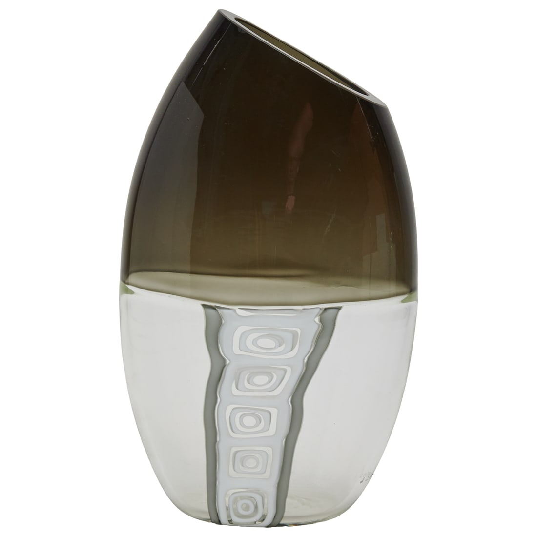 La Murrina Modernist Vase: La Murrina Modernist Vase, oblong, with diagonal mouth, ombre from black to smoke grey to clearn, a band of white dots and squares in rectangles to lower half. Murano, Italy. Circa 1985. Incised to on