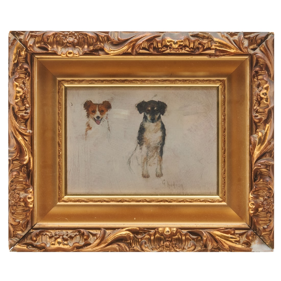 Grace Carpenter Hudson, Study of Dogs, Oil on Board: Grace Carpenter Hudson (American, 1865 - 1937), Study of Dogs, pencil and oil on board,[approximate dimensions - sight: 5 3/4" H x 8" W], signed lower right.